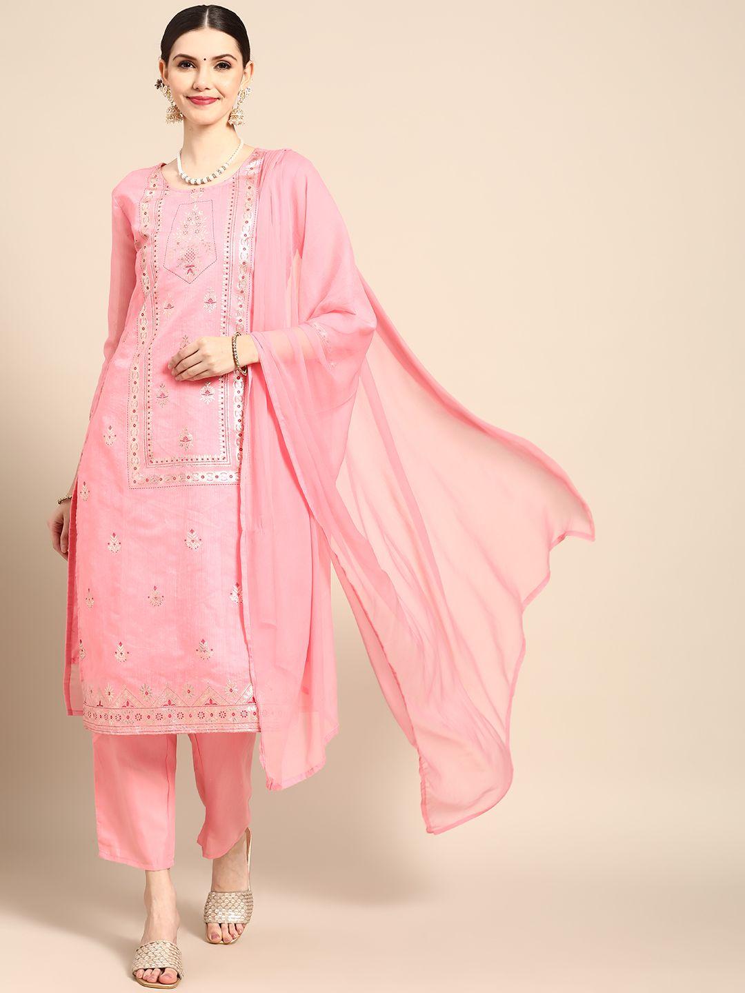 sangria women pink ethnic motifs printed chanderi cotton kurta with trousers & with dupatta