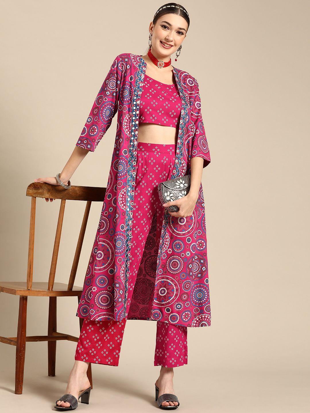 sangria women pink ethnic motifs printed mirror top with trousers