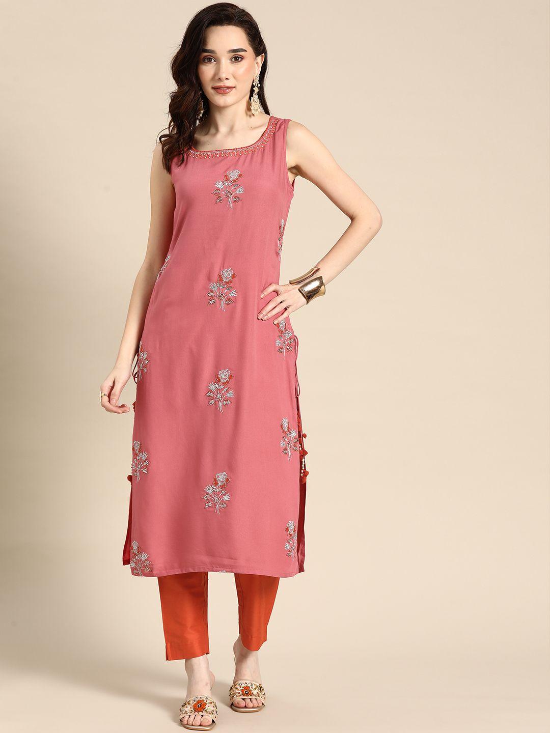 sangria women pink floral embroidered sequinned kurta with trousers