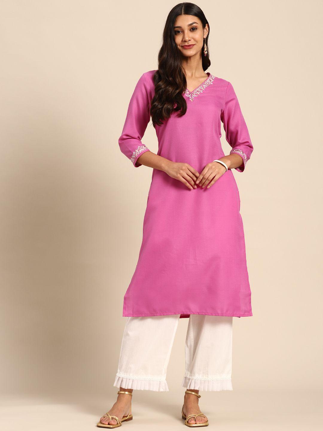 sangria women pink floral embroidered thread work kurta