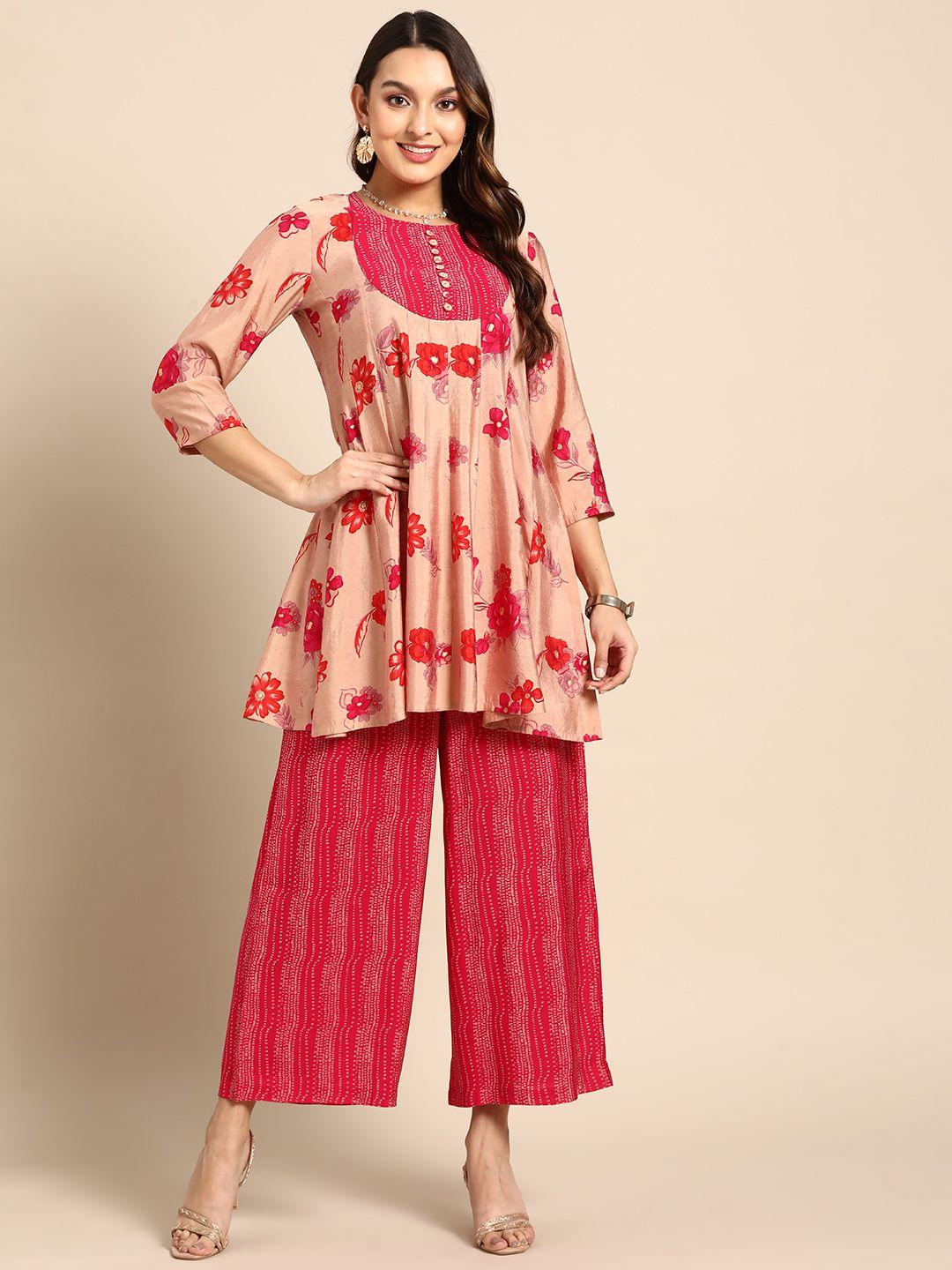 sangria women pink floral printed empire kurta with palazzos