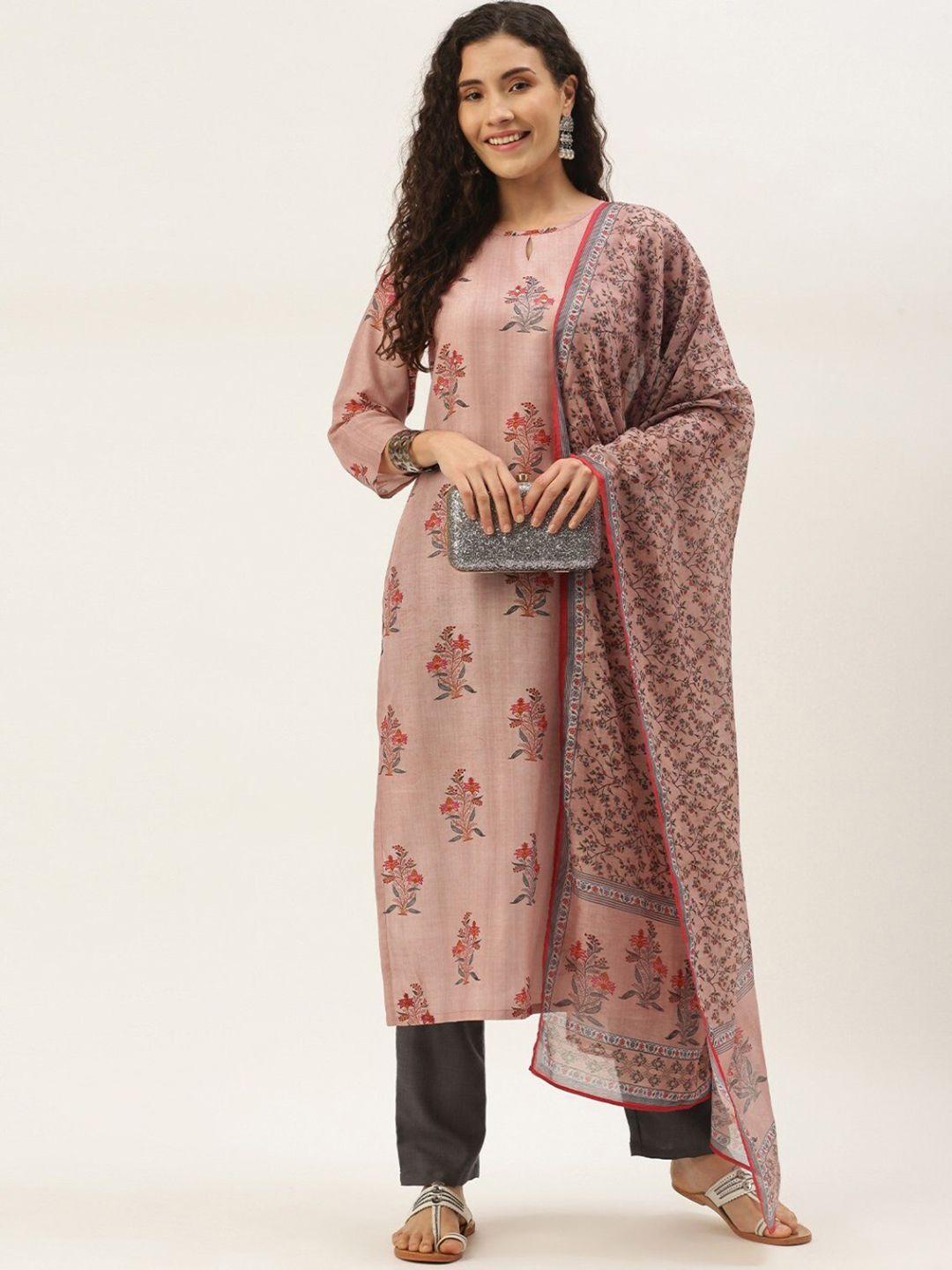 sangria women pink floral printed regular sequinned kurta with trousers & with dupatta