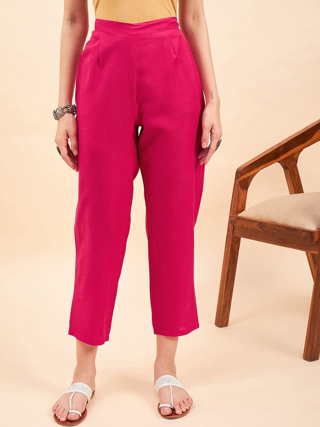 sangria women pink mid-rise relaxed straight fit cropped trousers