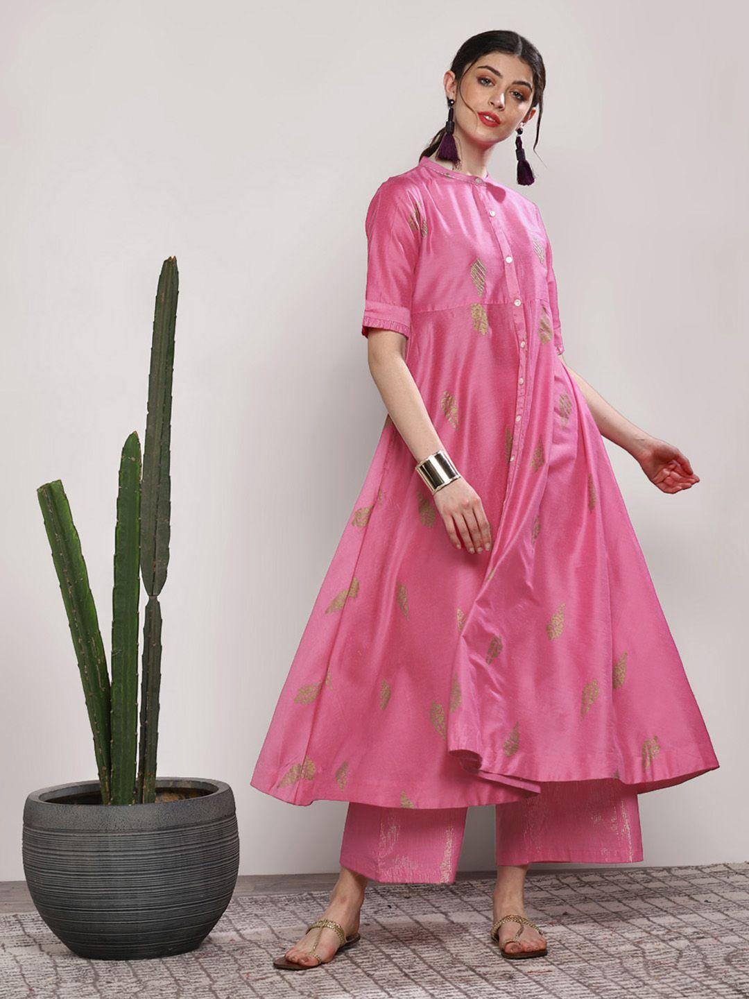 sangria women pink printed kurta with trousers