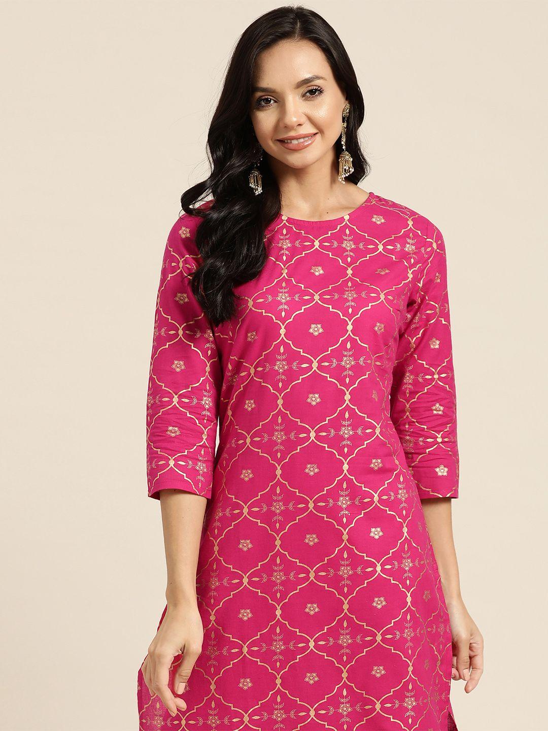 sangria women pink printed pure cotton kurta with trousers
