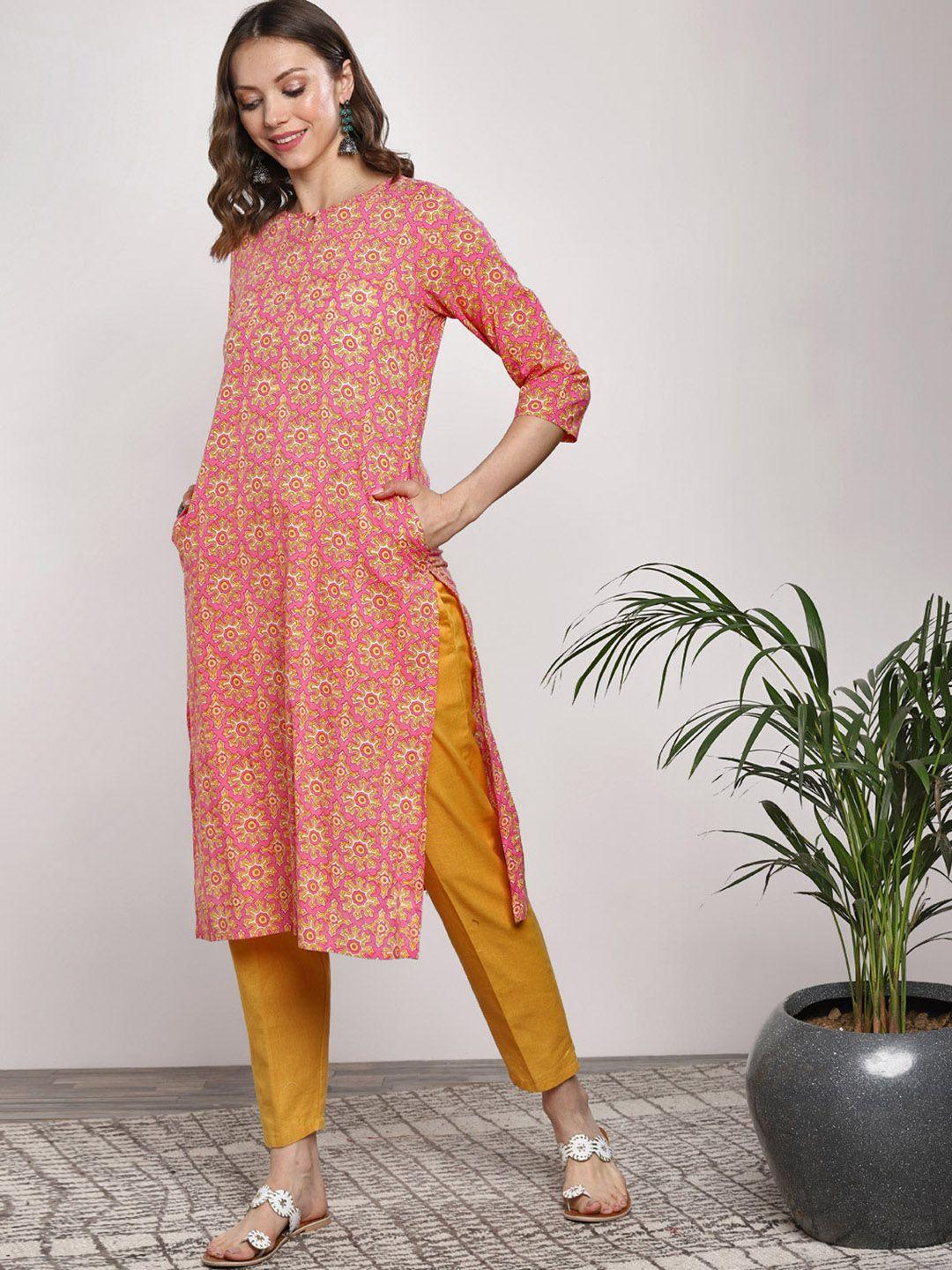 sangria women pink printed straight kurta