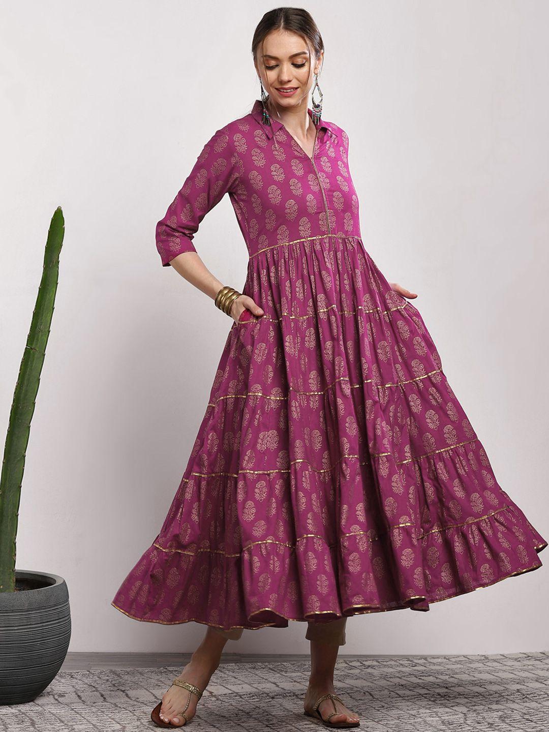 sangria women pink printed tiered anarkali kurta