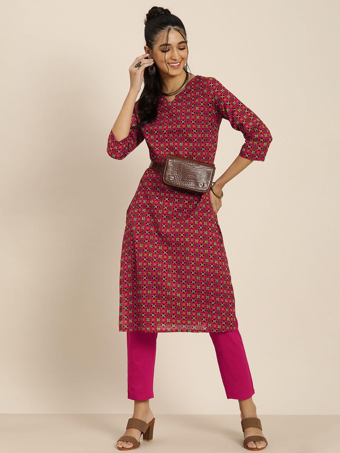 sangria women pink pure cotton bandhani printed kurta with trousers