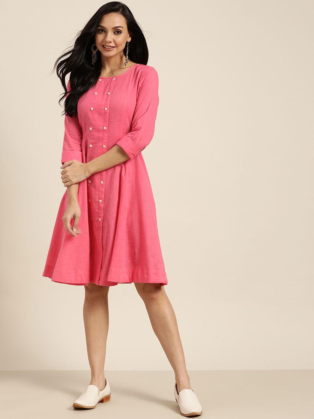 sangria women pink pure cotton solid a-line dress