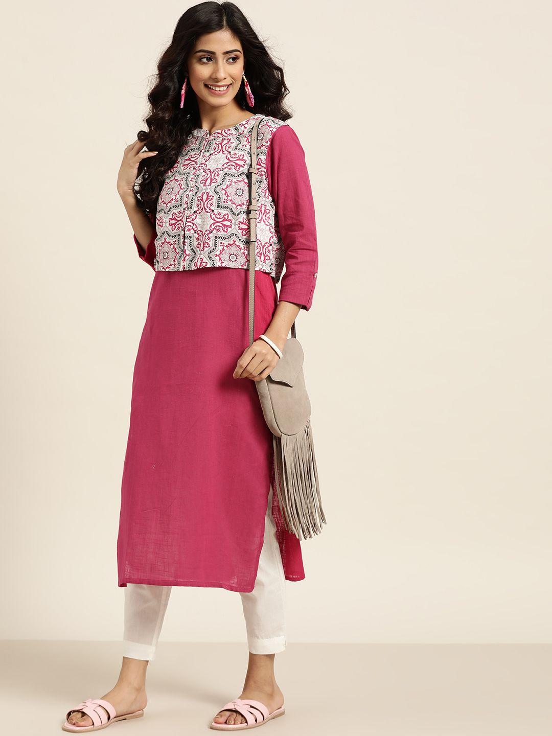 sangria women pink solid cotton kurta with jacket