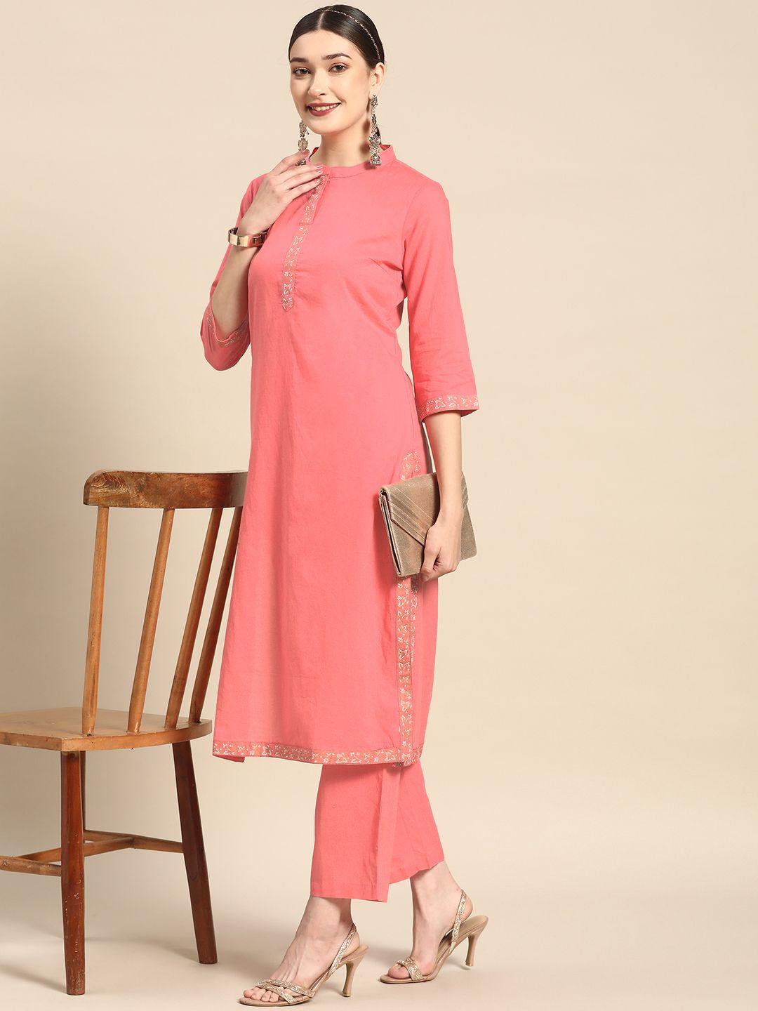 sangria women pink solid pure cotton mandarin collar kurta with trousers