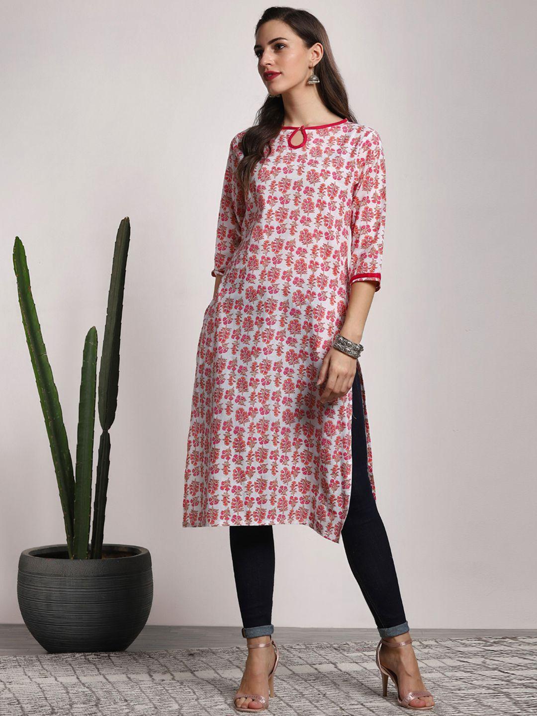 sangria women printed keyhole neck straight fit kurta with three-quarter sleeves