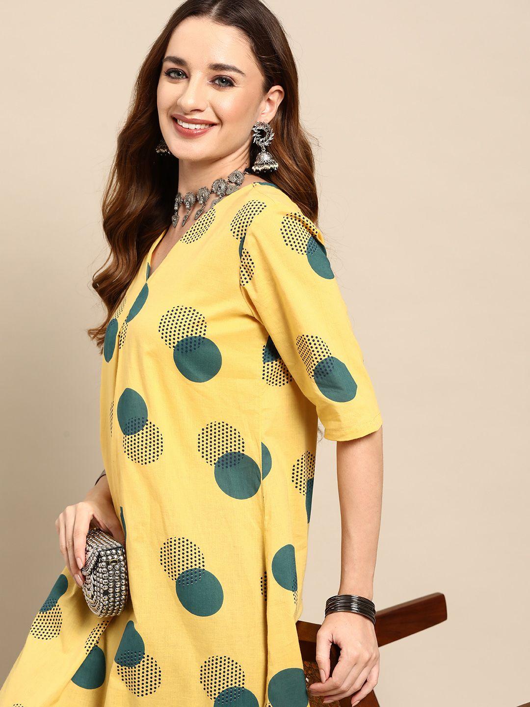 sangria women pure cotton geometric printed pleated a-line kurta