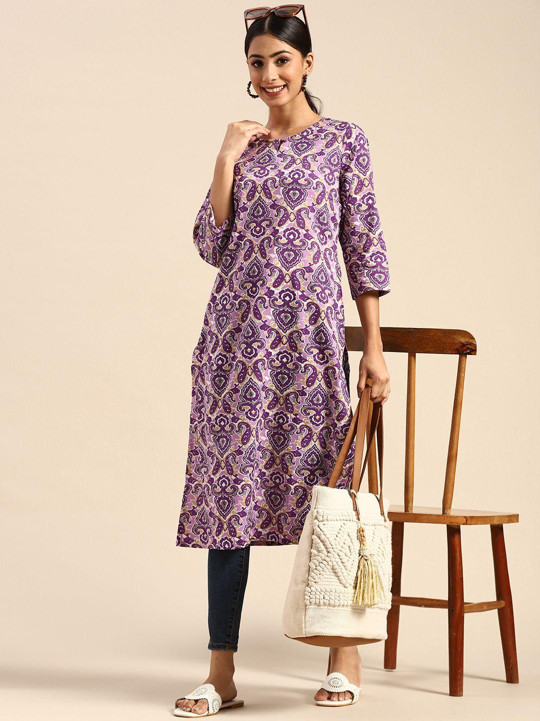 sangria women purple & beige pure cotton ethnic motifs printed keyhole neck kurta