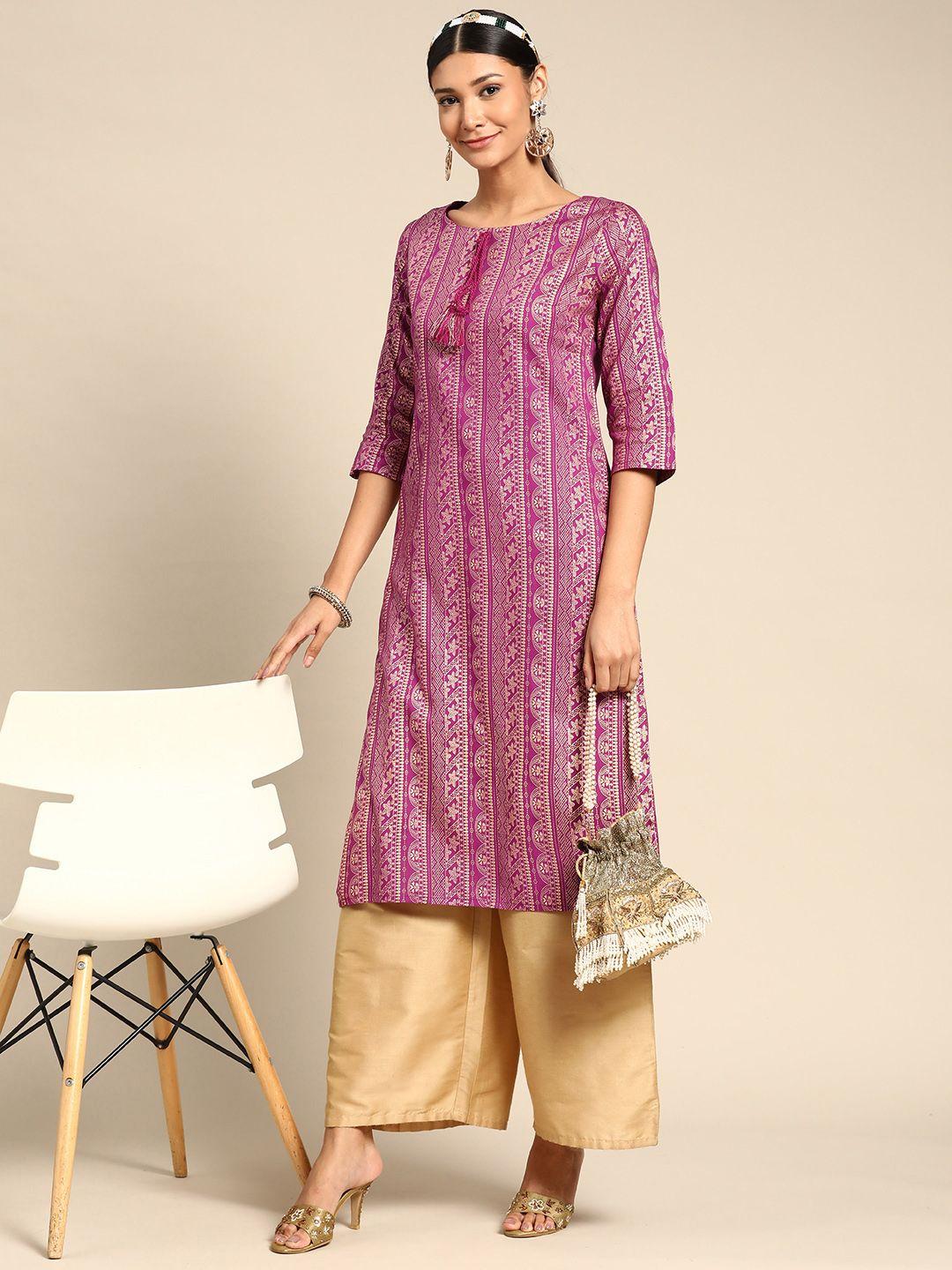 sangria women purple & gold-toned ethnic motifs printed kurta