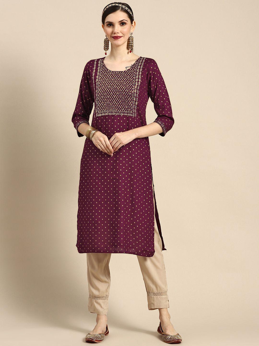 sangria women purple & golden geometric embroidered floral kurta