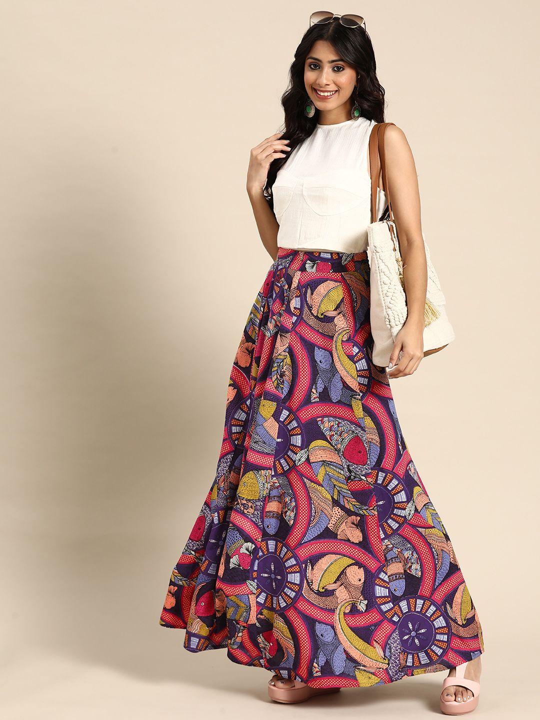 sangria women purple & pink ethnic motifs printed flared maxi skirt