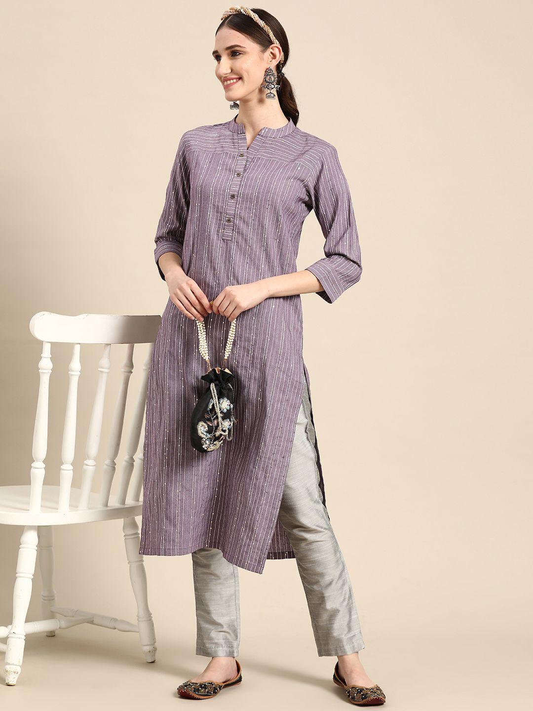 sangria women purple & violet striped straight kurta