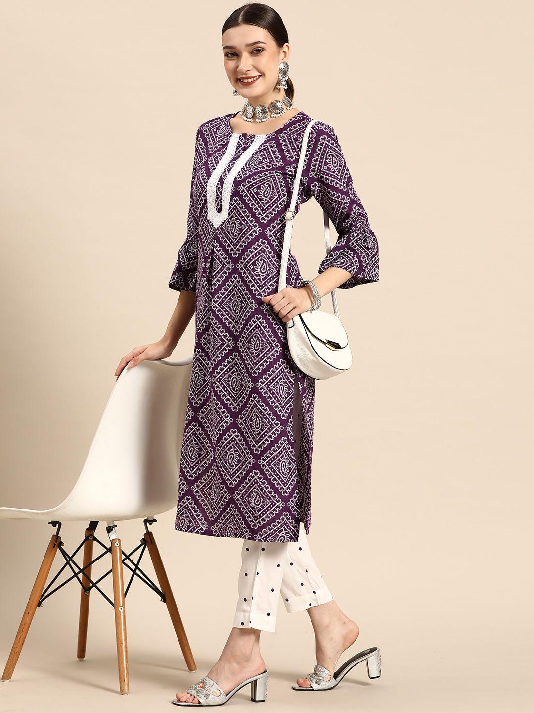 sangria women purple & white bandhani printed kurta with trousers