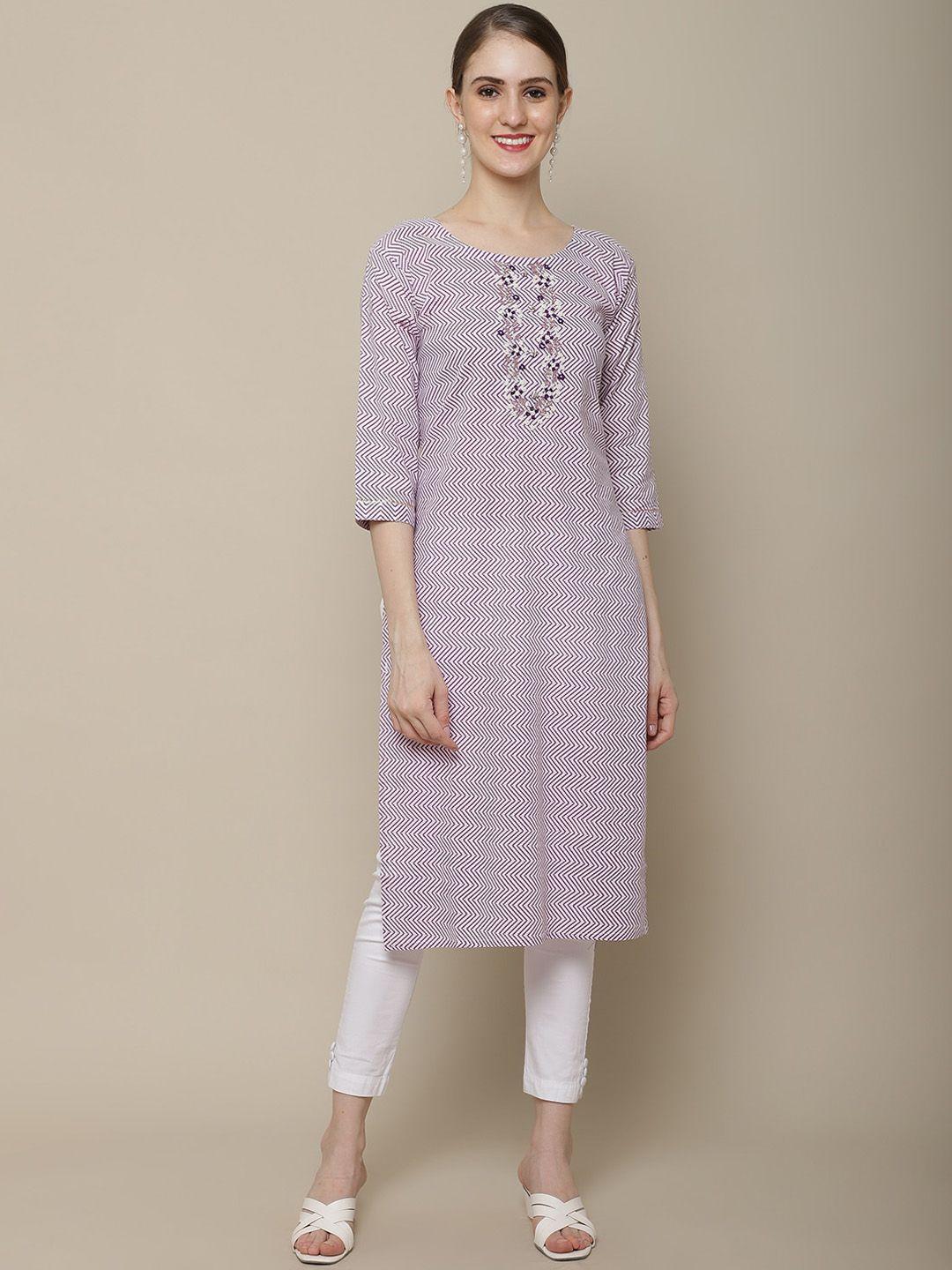 sangria women purple & white geometric printed straight cotton thread work kurta