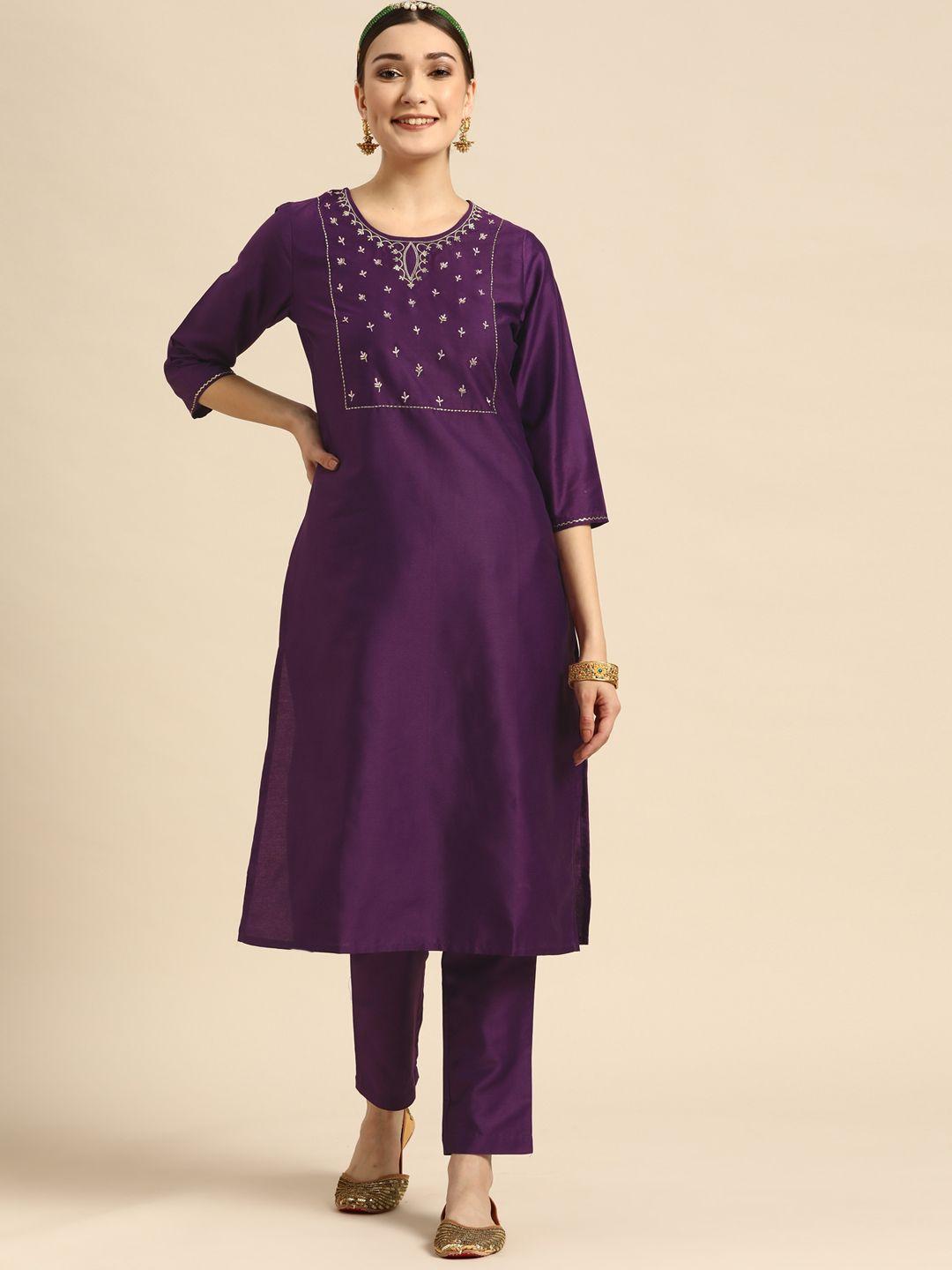 sangria women purple ethnic motifs embroidered kurta with trousers