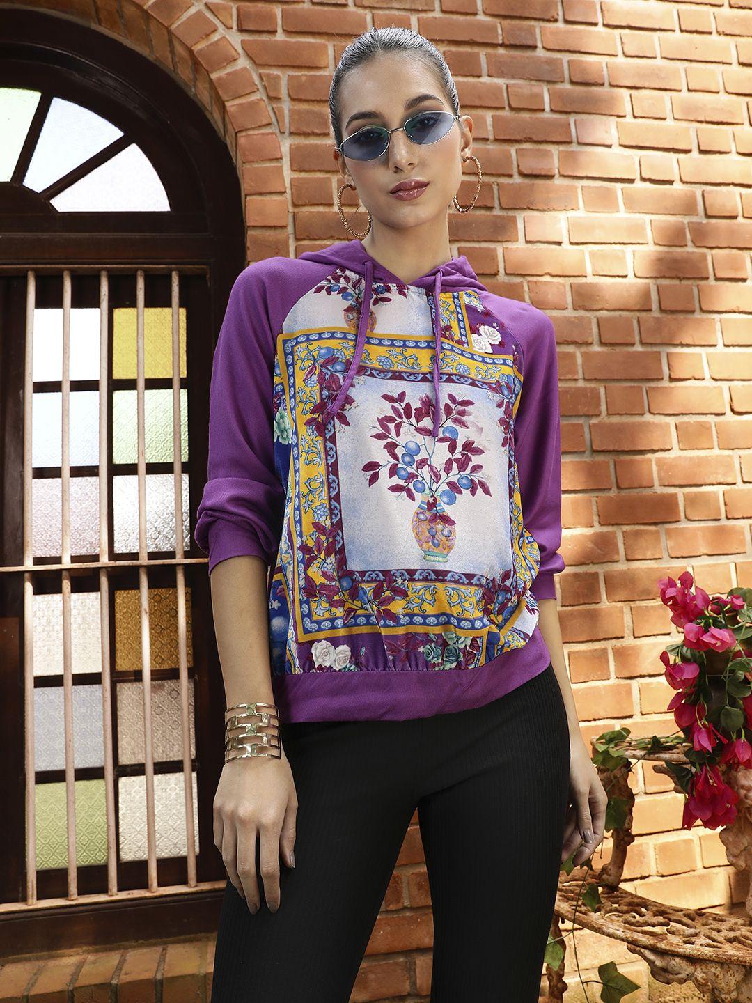 sangria women purple ethnic motifs printed hooded sweatshirt