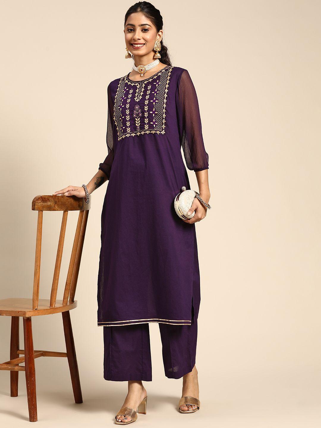 sangria women purple ethnic motifs yoke design gotta patti pure cotton kurta with palazzos