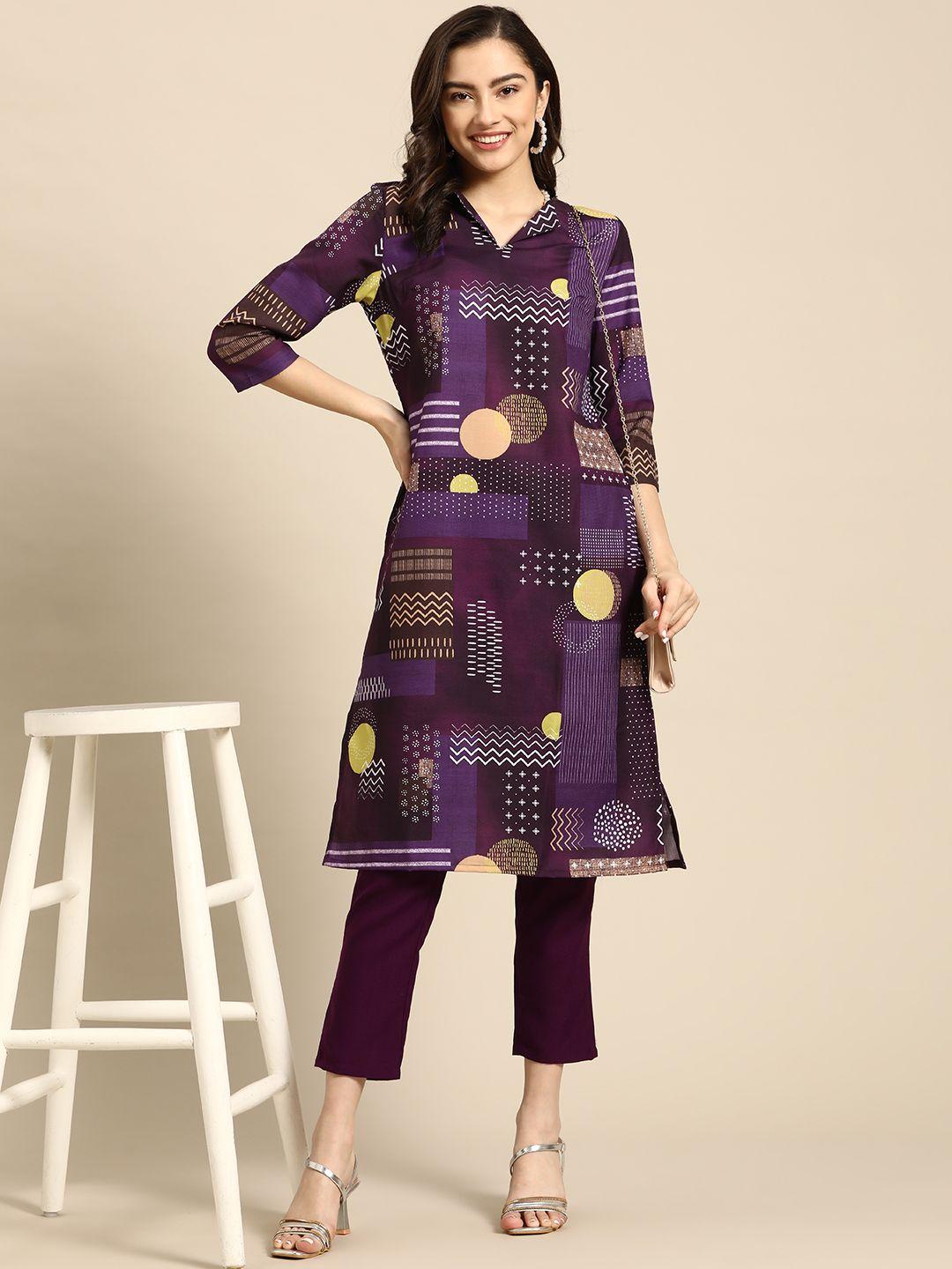 sangria women purple printed kurta with trousers