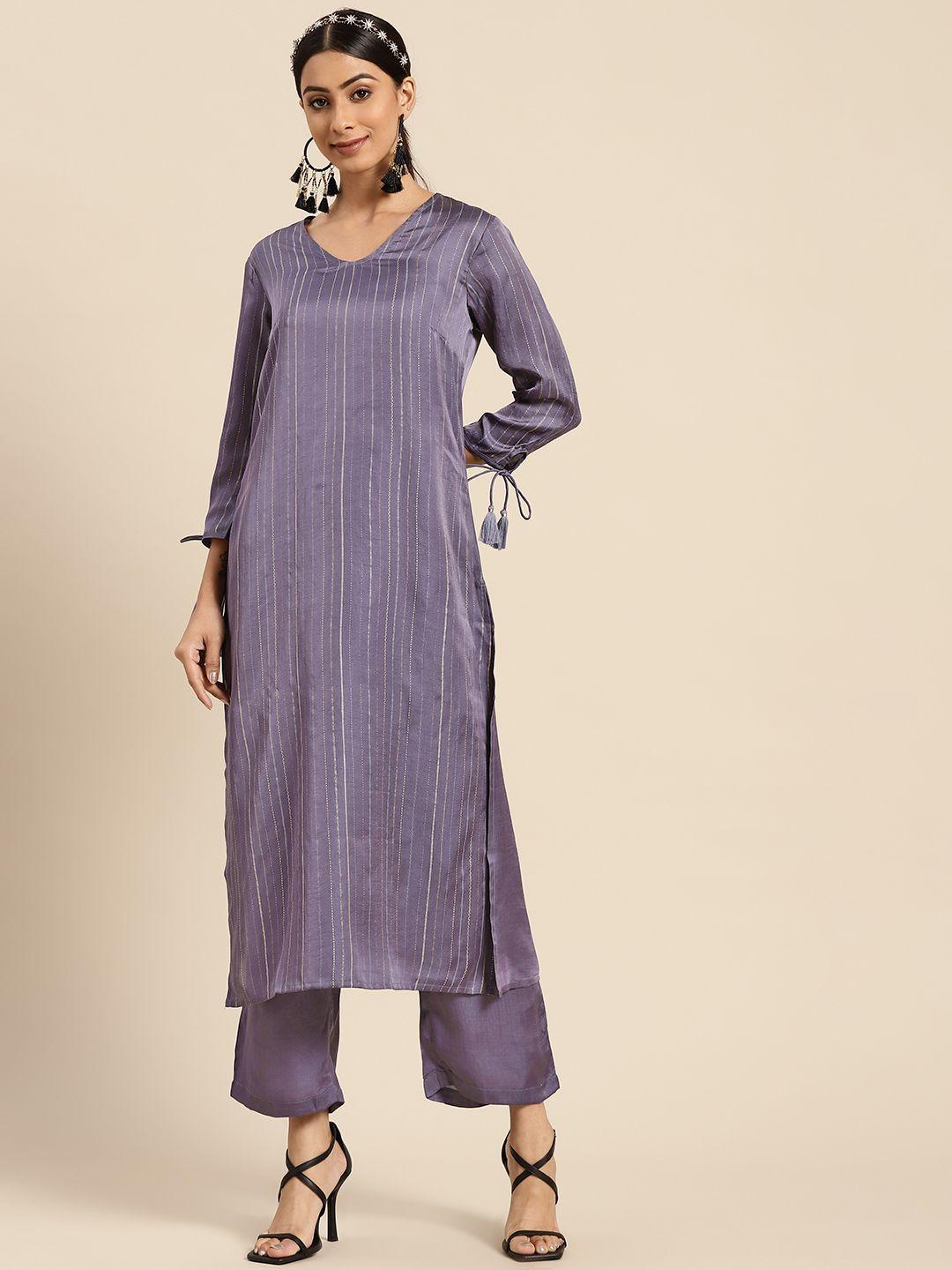 sangria women purple striped thread work kurta with palazzos