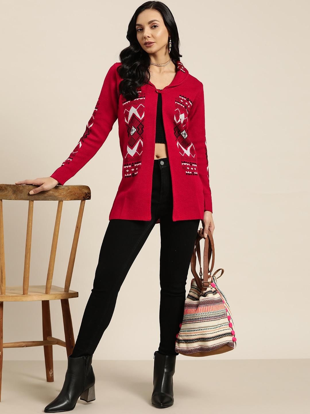 sangria women red & black geometric self design longline front-open sweater