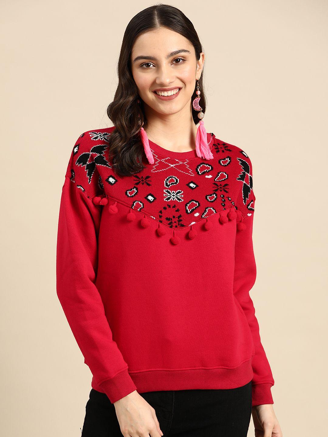 sangria women red & black geometric sweatshirt