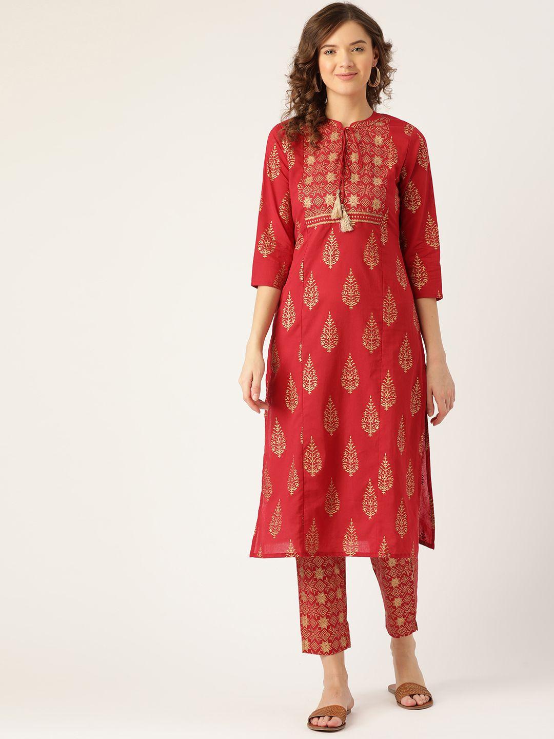 sangria women red & golden ethnic motifs printed pure cotton kurta with trousers