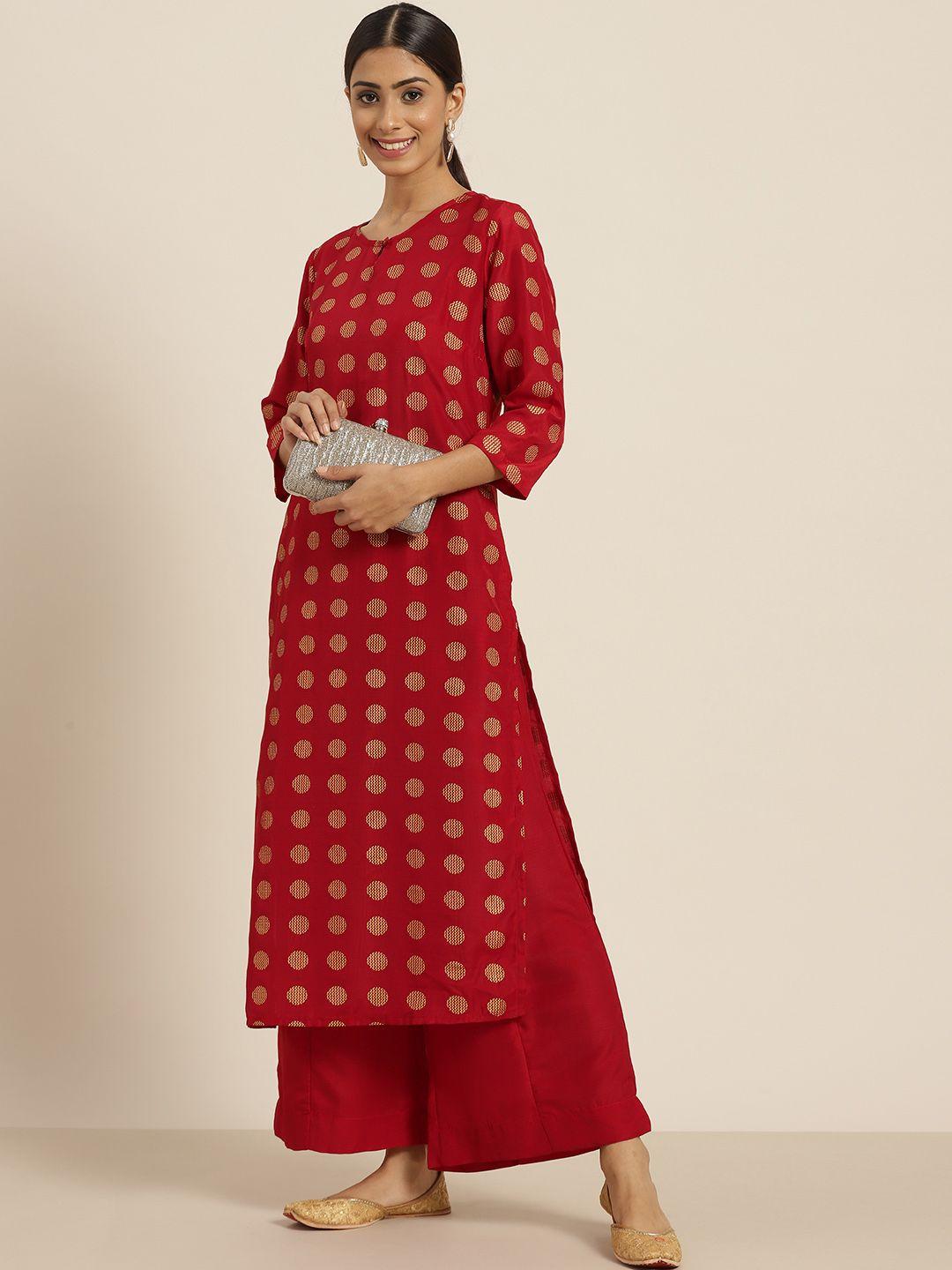 sangria women red & golden geometric print straight kurta with palazzos