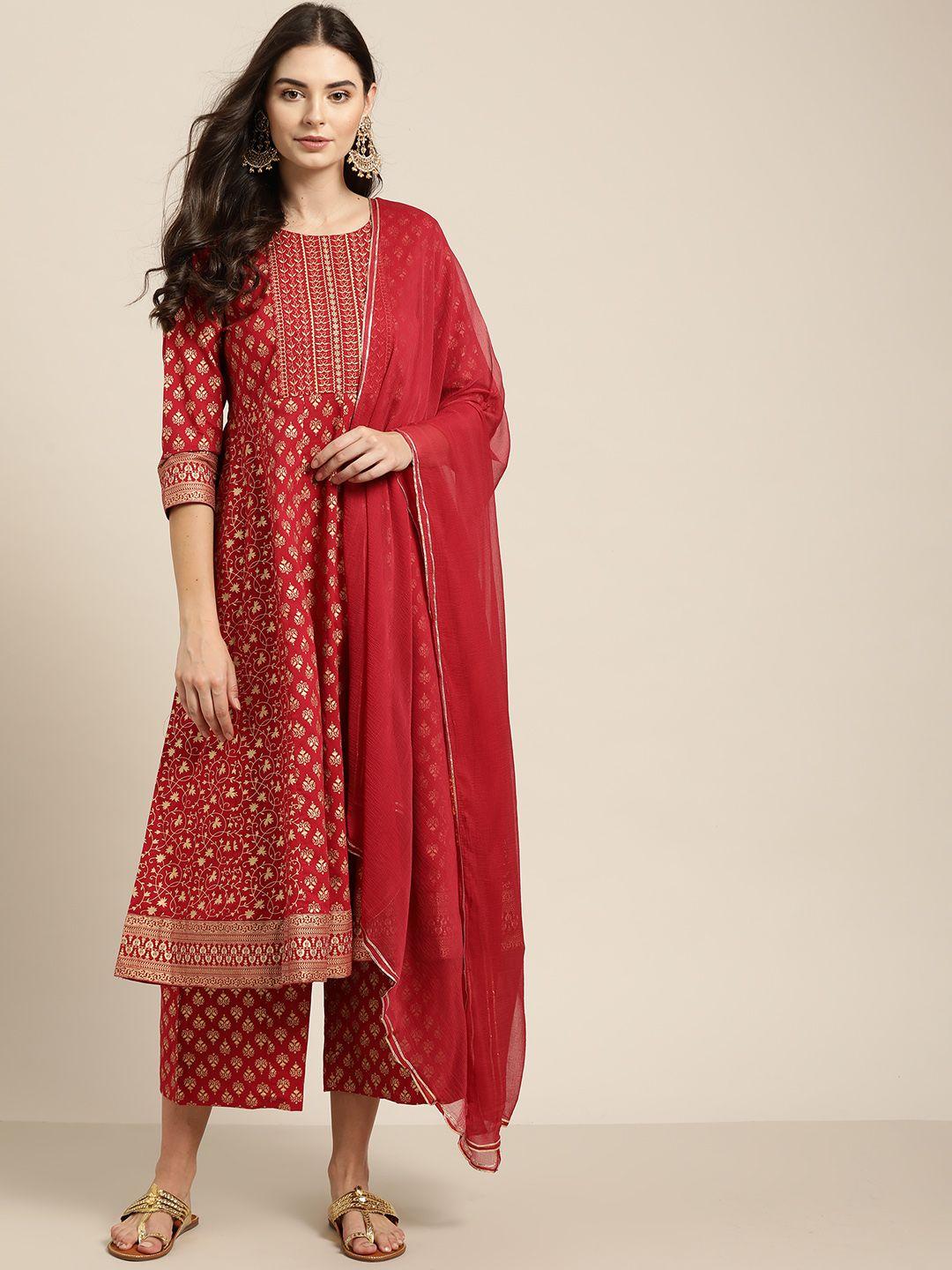 sangria women red & golden pure cotton printed kurta with palazzos & dupatta