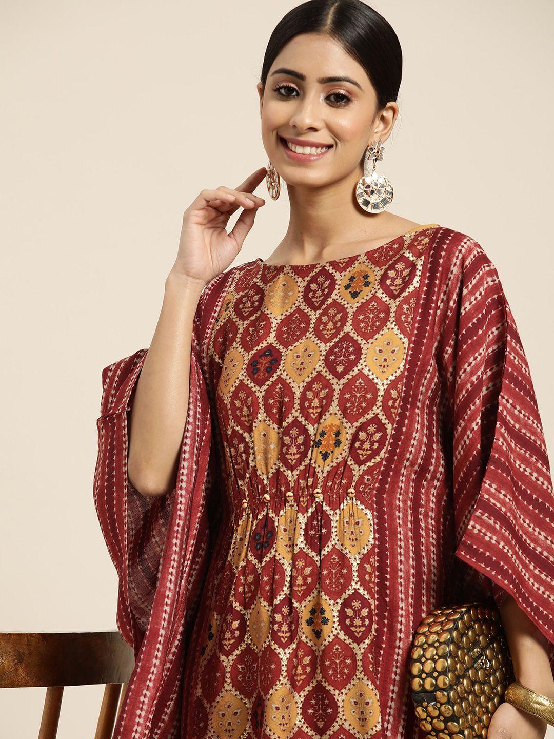 sangria women red & mustard yellow ethnic motifs printed kaftan midi dress