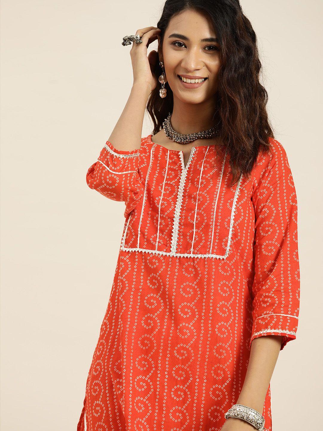 sangria women red & off- white bandhani printed pure cotton straight kurta