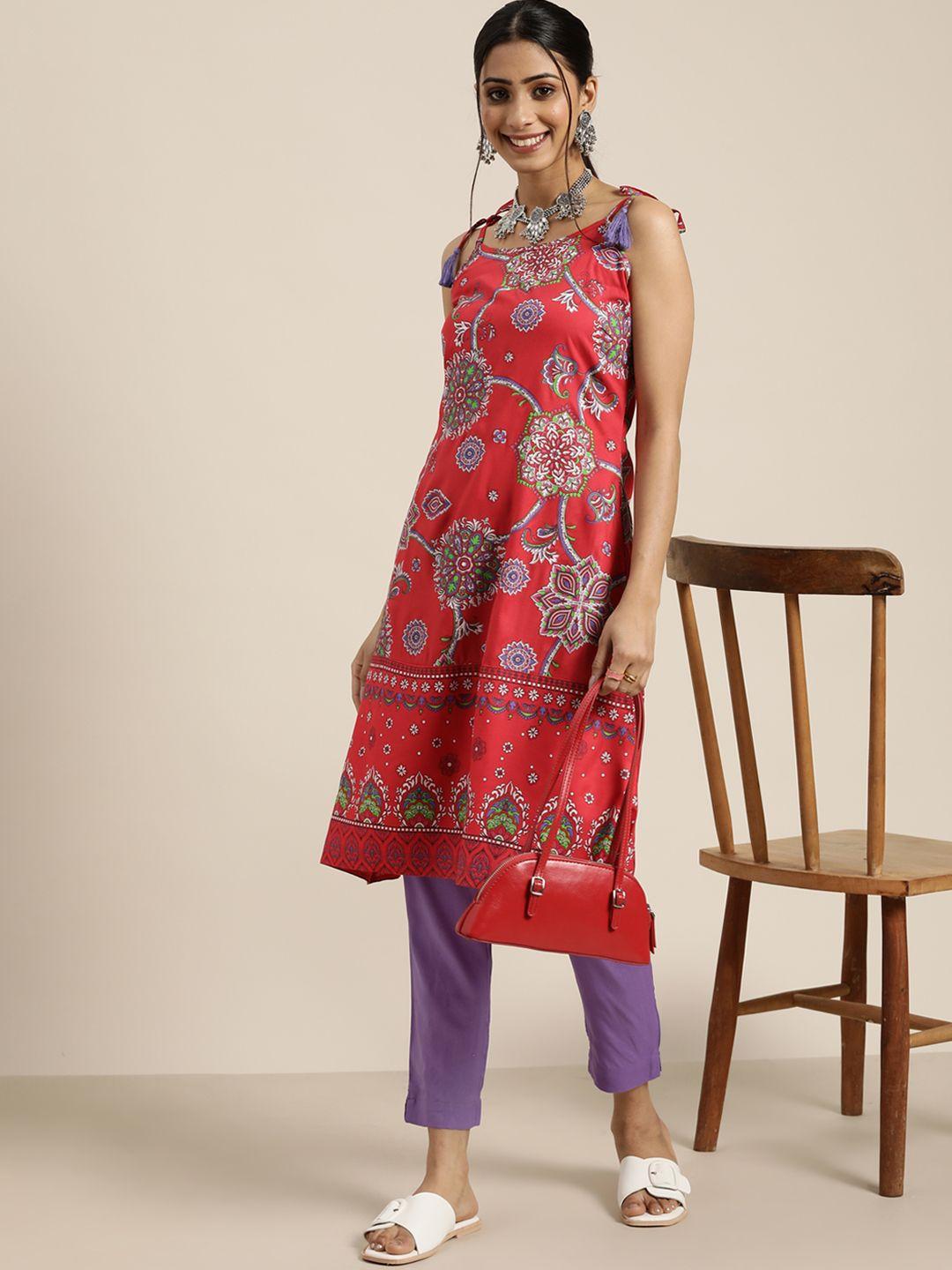 sangria women red & purple ethnic motifs printed kurta with trousers