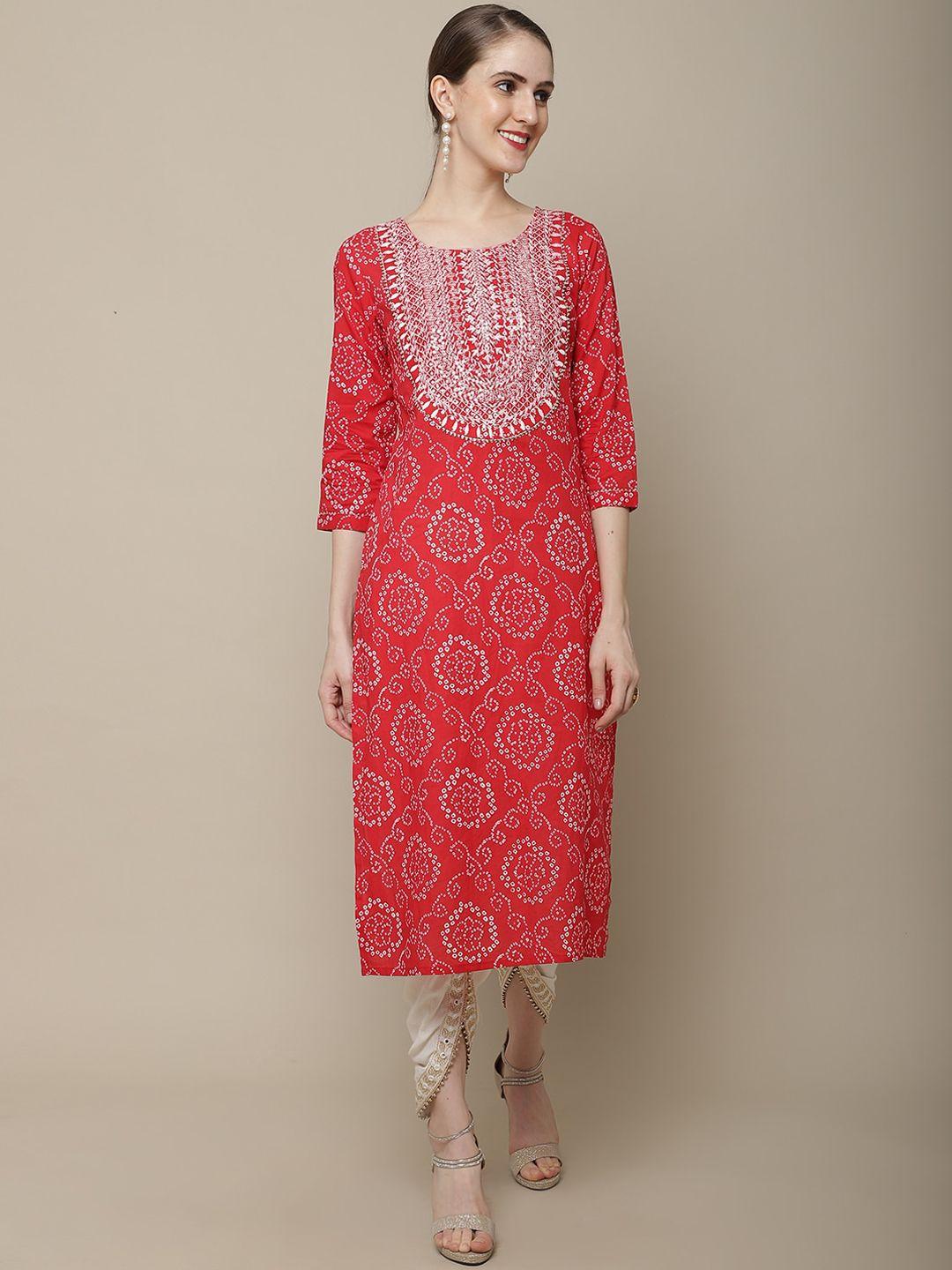 sangria women red & white bandhani printed kurta