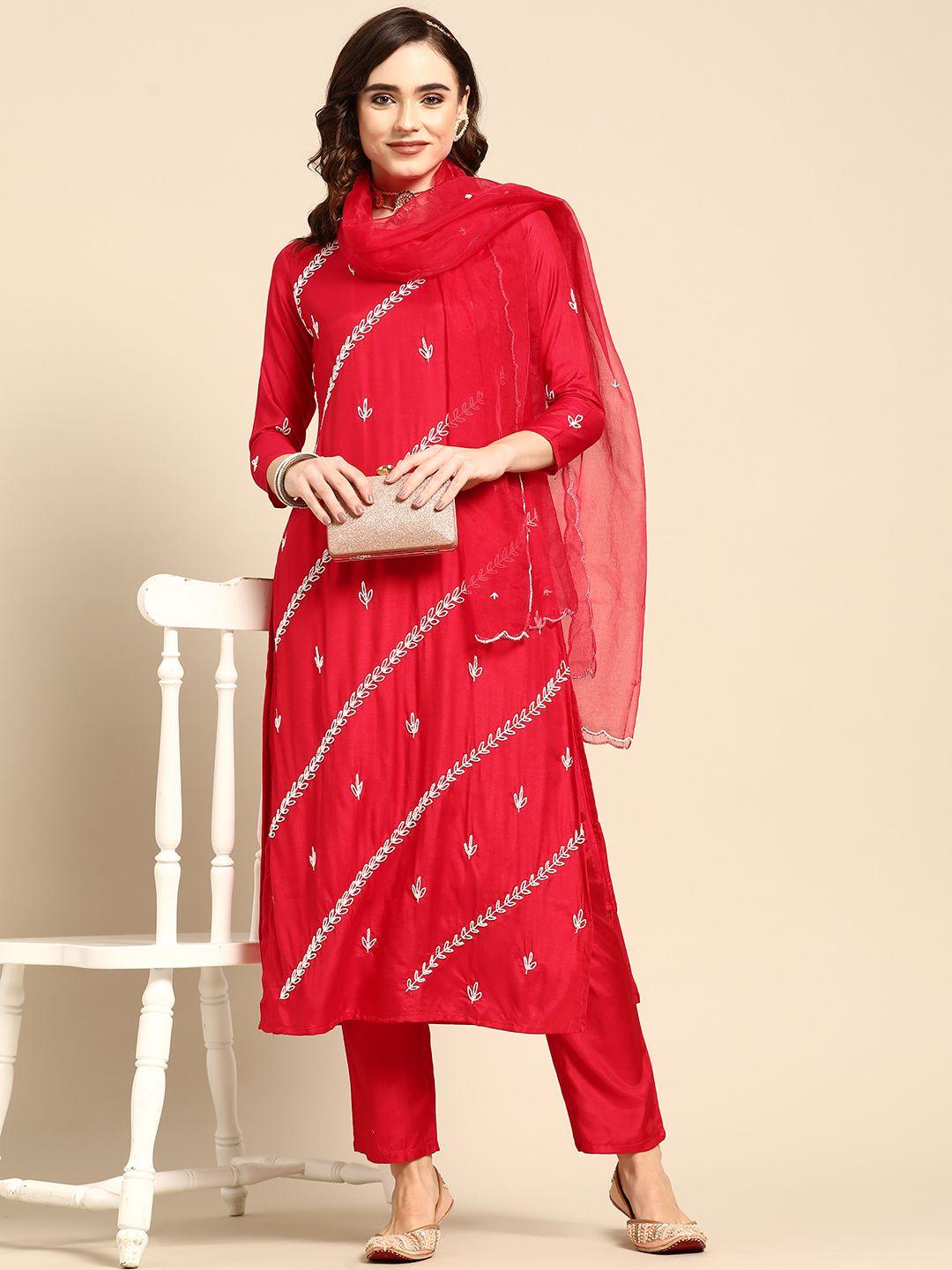 sangria women red & white ethnic embellished beaded kurta with trousers & dupatta