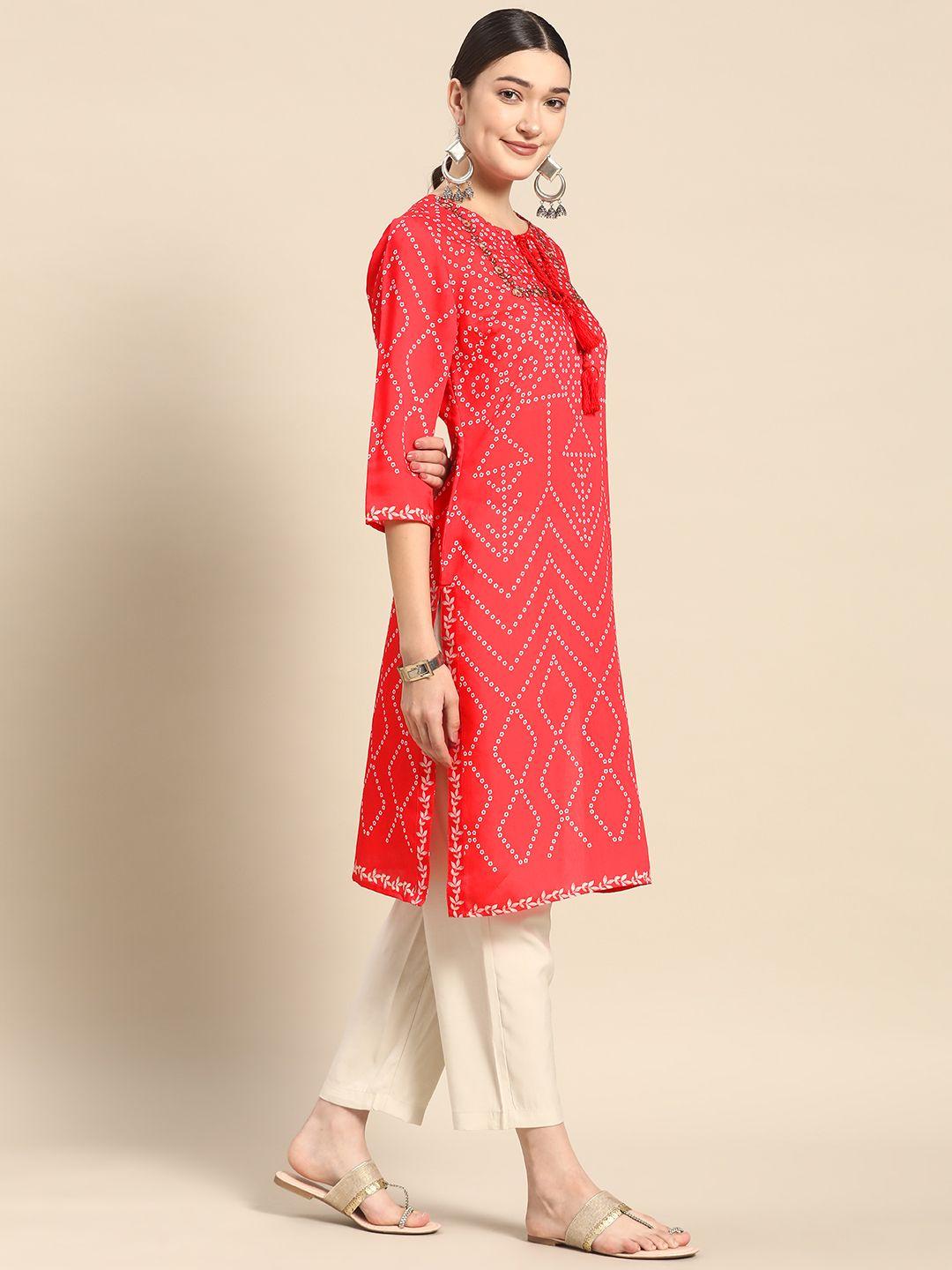 sangria women red & white tie up neck bandhani embroidered kurta