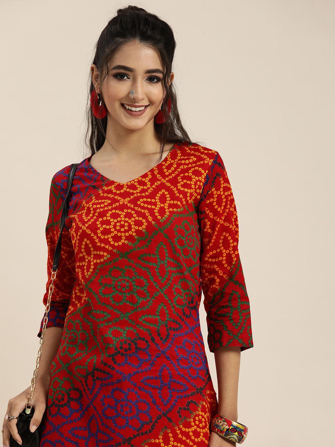 sangria women red & yellow bandhani print pure cotton kurta with trousers