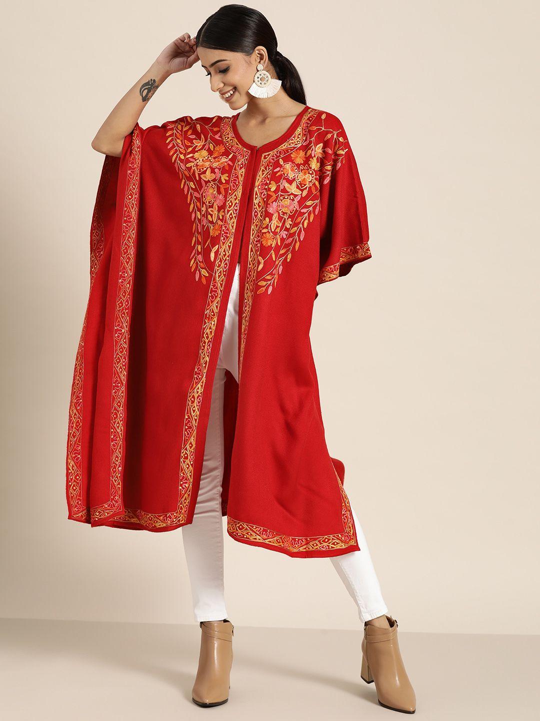 sangria women red & yellow floral embroidered extended sleeves winter kaftan kurta