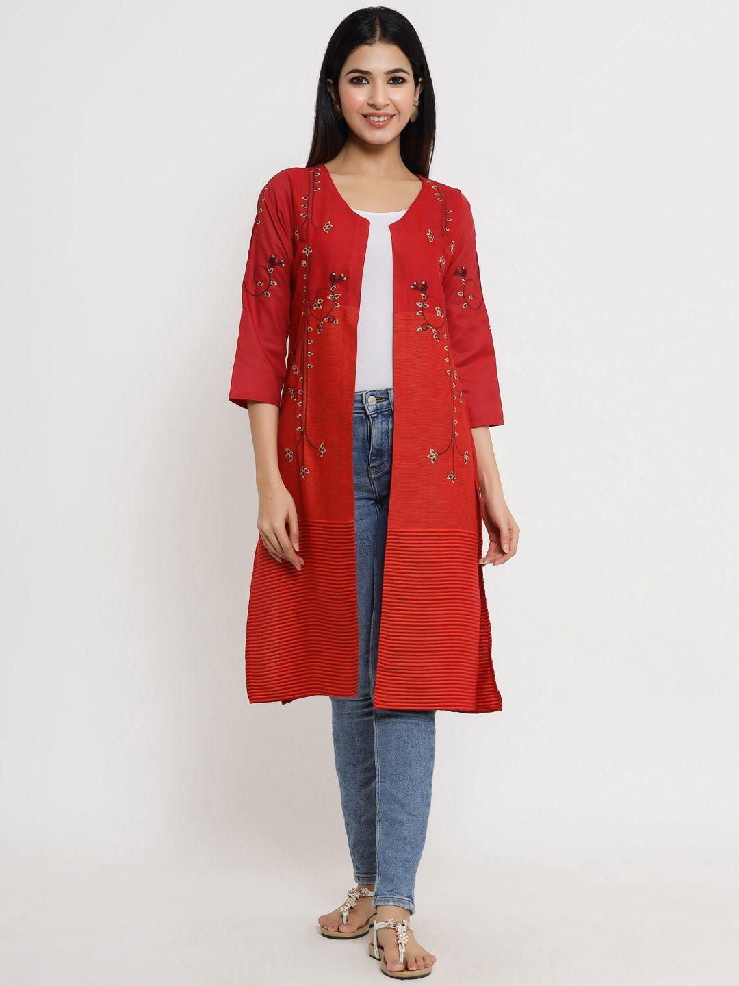 sangria women red embroidered longline shrug