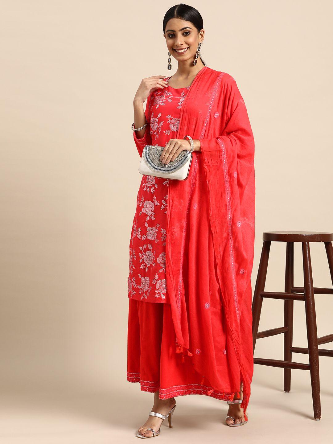 sangria women red ethnic motifs embellished pure cotton kurta with palazzos & dupatta