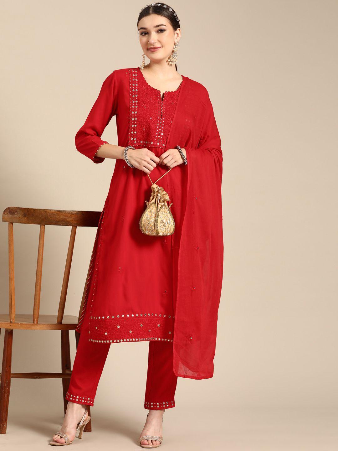 sangria women red ethnic motifs embroidered mirror work kurta with trousers & dupatta