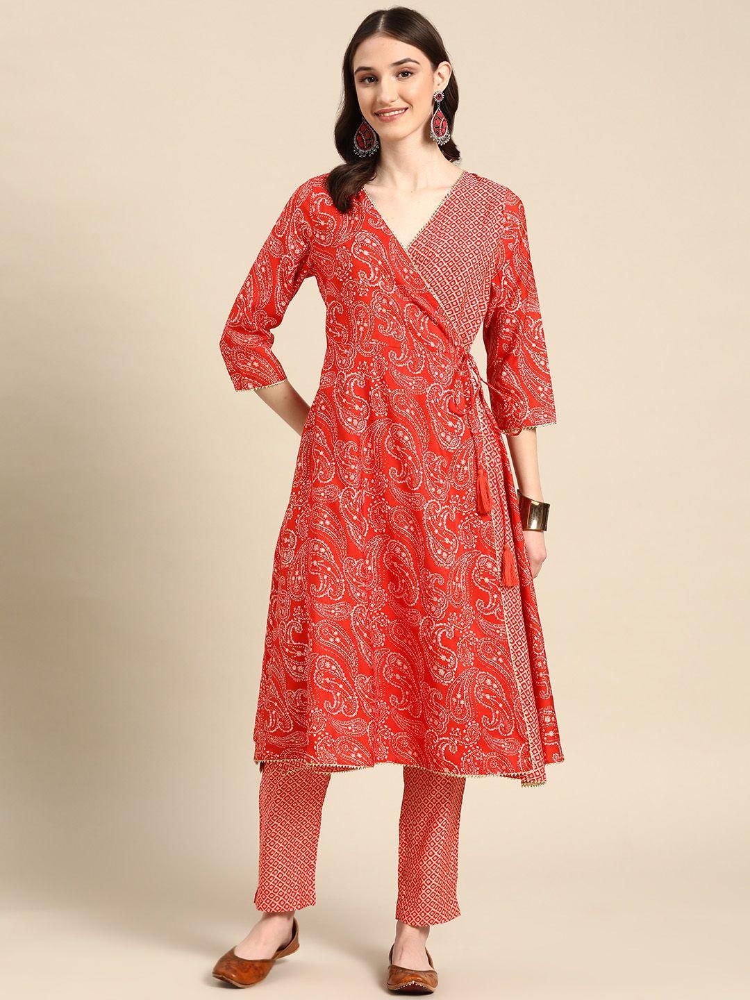 sangria women red ethnic motifs printed angrakha gotta patti kurta with trousers