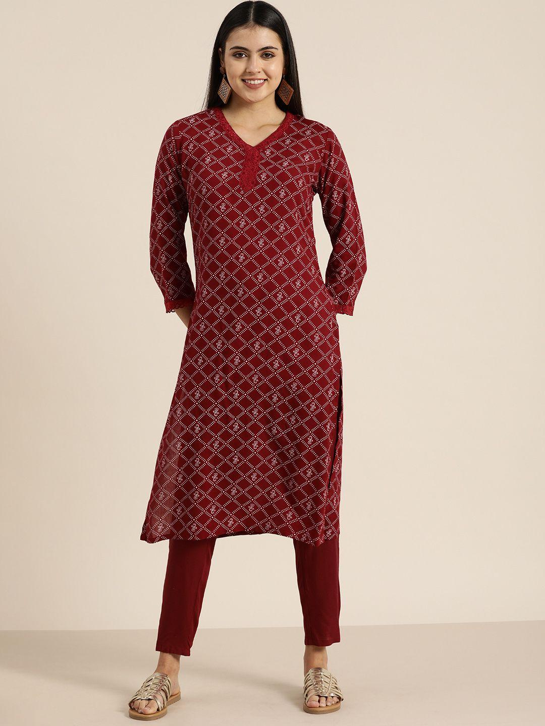 sangria women red ethnic motifs printed kurta with trousers