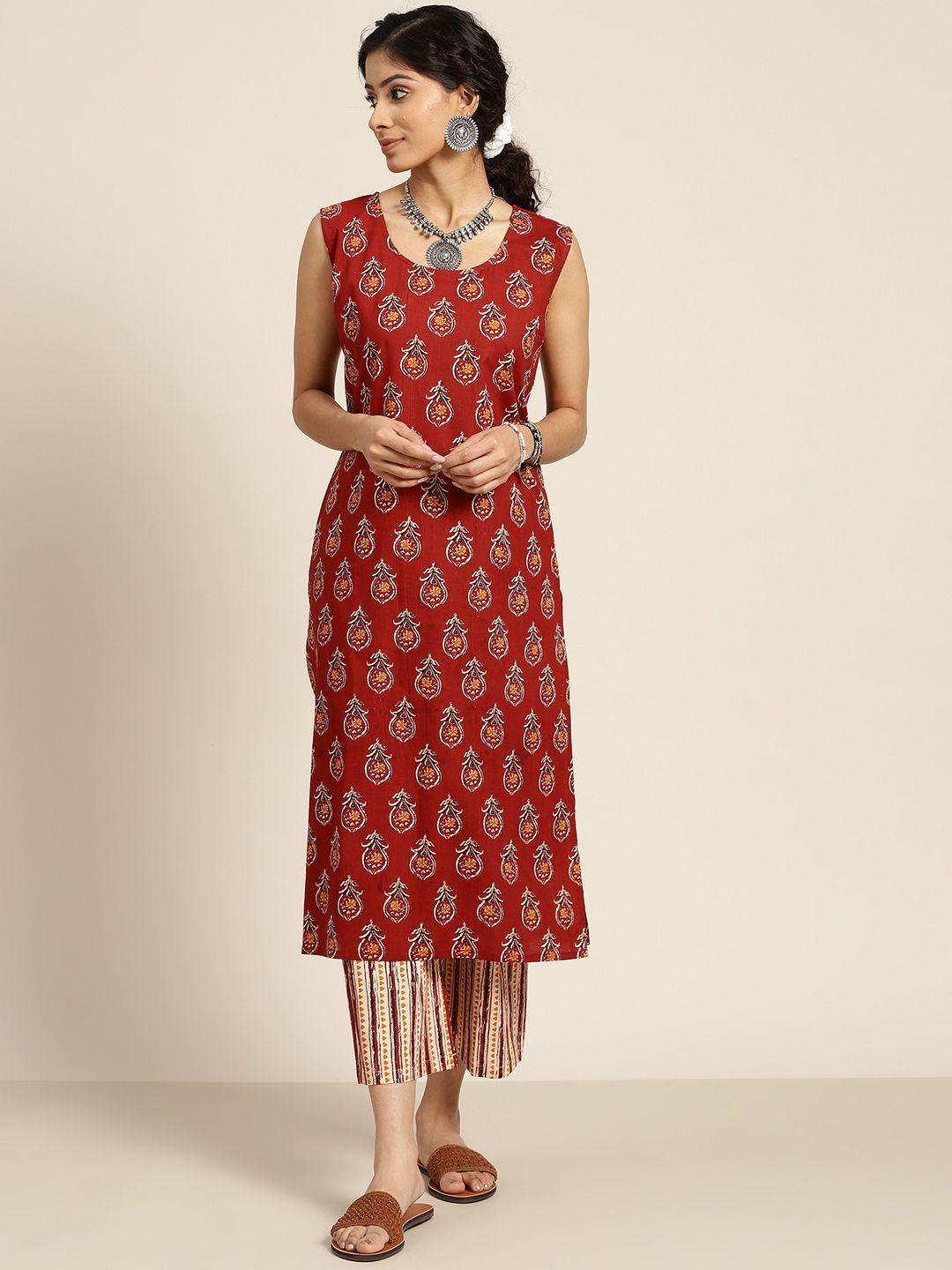 sangria women red ethnic motifs printed pure cotton kurta with trousers