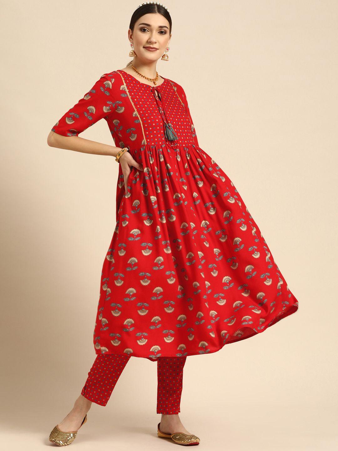 sangria women red floral printed kurta with trousers