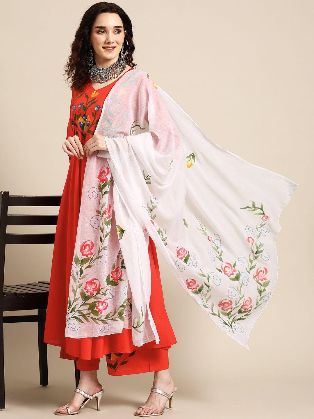 sangria women red floral printed pure cotton kurta with palazzos & dupatta